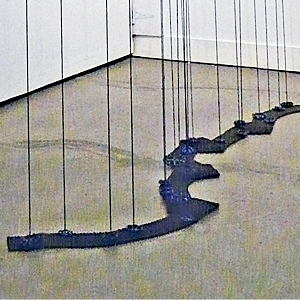 21 Attenuations • Installation, Acrylic on Wood Panel, Acrylic Painted Strings, Faucet Valves and Industrial Steel Mesh, Variable Height up to 240 x 96 x 48 inches (up to Height of 609.6 x 243.84 x 121.92 cm)