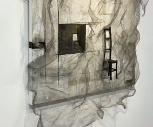 Rest • Left Angle • Mixed Media on Canvas Acrylic, Concrete, Tar, Ink, Doll Chair, Knitted Steel Mesh 36 inches x 36 inches x 1.5 inches (91.5 cm x 91.5 cm x 4 cm)[plus chair & Mesh]
