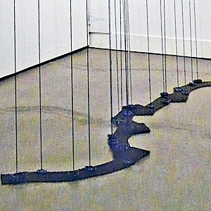 21 Attenuations • Installation, Acrylic on Wood Panel, Acrylic Painted Strings, Faucet Valves and Industrial Steel Mesh, Variable Height up to 240 x 96 x 48 inches (up to Height of 609.6 x 243.84 x 121.92 cm)