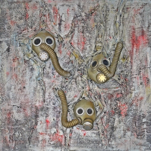 All There Were • Mixed Media, Tar, Plaster Wrap and Acrylic on Panel with World War I Gas Masks, Sonic (Singing) Interactive: Speakers mounted at hose end with sound exiting mask’s speaker, Electronics mounted on back, 31.5 x 31.5 inches (80 x 80 cm)