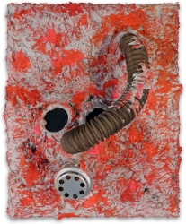 Missing • Mixed Media, Concrete and Acrylic on panel with World War I Gas Mask, Sonic (Singing) Interactive: Speakers mounted at hose end with sound exiting mask’s speaker, Electronics mounted on back, 12 x 12x 6.5 inches (30.5 x 30.5 x 16.5 cm)