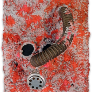 Missing • Mixed Media, Concrete and Acrylic on panel with World War I Gas Mask, Sonic (Singing) Interactive: Speakers mounted at hose end with sound exiting mask’s speaker, Electronics mounted on back, 12 x 12x 6.5 inches (30.5 x 30.5 x 16.5 cm)