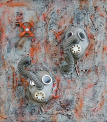 Only Two • Mixed Media, Tar, Plaster Wrap and Acrylic on Panel with World War I Gas Masks and Faucet Valve, Sonic (Singing) Interactive: Speakers mounted at hose end with sound exiting mask’s speaker, Electronics mounted on back, 24 X 18 inches (61 x 46 cm)