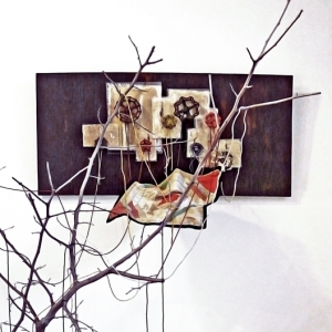 The Visit • Installation, Acrylic and Tar on Panel with Painted Canvases in Plexiglas, Faucet Valves with Painted Strings, Piece of a Civil War Era Quilt, Dead Tree and Reflecting Pool, 80 x 72 x 60 inches (variable tree size) (203.2 x 182.88 x 152.4 cm)